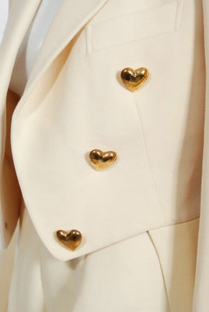 1993 Moschino Couture Cream Wool Heart Buttons Tuxedo Jacket & Pants Set