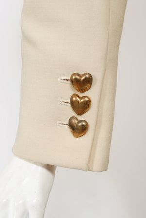 1993 Moschino Couture Cream Wool Heart Buttons Tuxedo Jacket & Pants Set