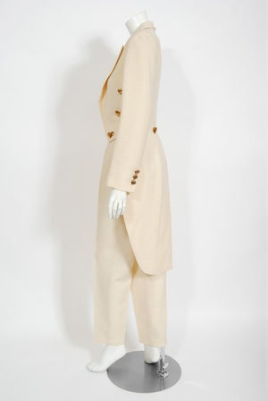 1993 Moschino Couture Cream Wool Heart Buttons Tuxedo Jacket & Pants Set