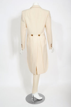 1993 Moschino Couture Cream Wool Heart Buttons Tuxedo Jacket & Pants Set