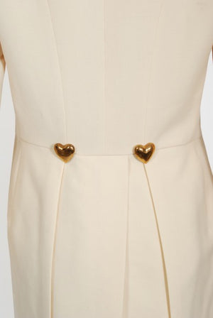 1993 Moschino Couture Cream Wool Heart Buttons Tuxedo Jacket & Pants Set