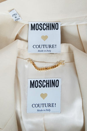 1993 Moschino Couture Cream Wool Heart Buttons Tuxedo Jacket & Pants Set