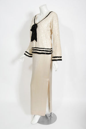 1963 Iconic Barbra Streisand Custom Couture Cream Black Sequin Silk Sailor Set