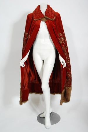 1920's Frederick Loeser & Co Metallic Embroidered Beaded Red Velvet Cape