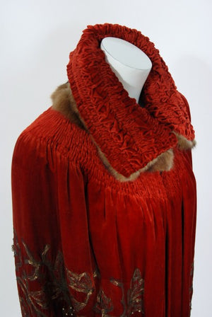 1920's Frederick Loeser & Co Metallic Embroidered Beaded Red Velvet Cape