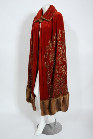1920's Frederick Loeser & Co Metallic Embroidered Beaded Red Velvet Cape