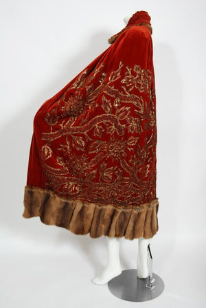 1920's Frederick Loeser & Co Metallic Embroidered Beaded Red Velvet Cape