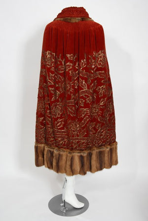 1920's Frederick Loeser & Co Metallic Embroidered Beaded Red Velvet Cape