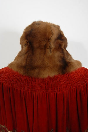 1920's Frederick Loeser & Co Metallic Embroidered Beaded Red Velvet Cape