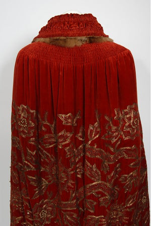1920's Frederick Loeser & Co Metallic Embroidered Beaded Red Velvet Cape