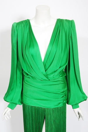 1990 Givenchy Haute Couture Green Silk Billow-Sleeve Plunge Fringed Gown