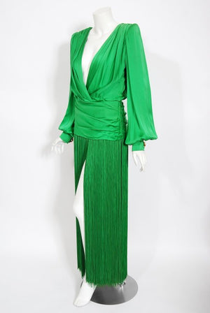 1990 Givenchy Haute Couture Green Silk Billow-Sleeve Plunge Fringed Gown