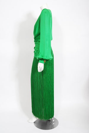 1990 Givenchy Haute Couture Green Silk Billow-Sleeve Plunge Fringed Gown