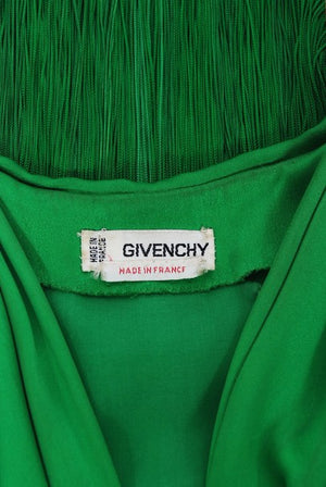 1990 Givenchy Haute Couture Green Silk Billow-Sleeve Plunge Fringed Gown