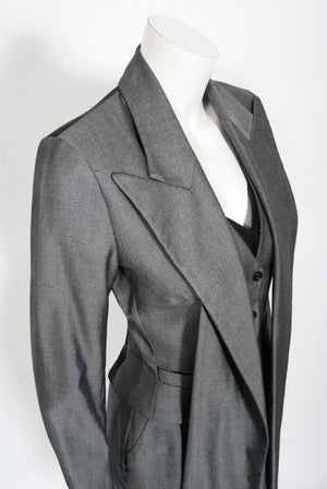 1997 Alexander McQueen Sharkskin Wool Hourglass Gray Dress w/ Jacket