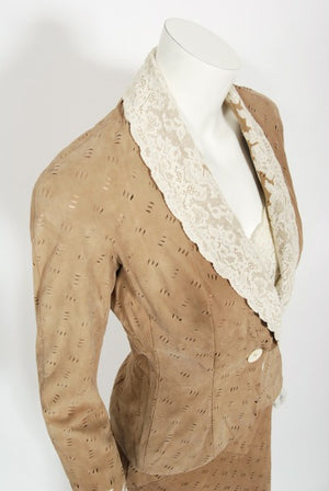 1999 Christian Dior by John Galliano Suede & Lace Bias-Cut Gown w/ Jacket