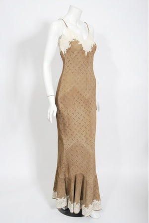1999 Christian Dior by John Galliano Suede & Lace Bias-Cut Gown w/ Jacket