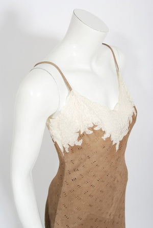 1999 Christian Dior by John Galliano Suede & Lace Bias-Cut Gown w/ Jacket