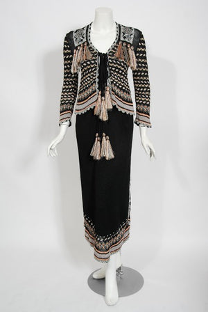 1970's Bill Gibb Metallic Knit Insect Novelty Tassel Sweater Dress Set