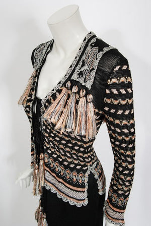 1970's Bill Gibb Metallic Knit Insect Novelty Tassel Sweater Dress Set