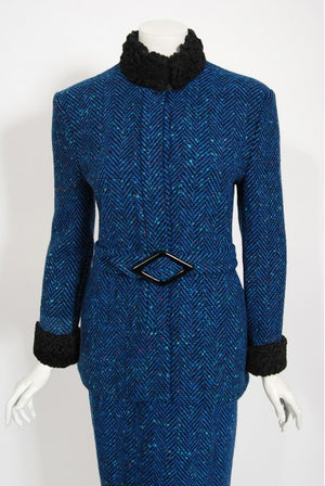 1973 Biba of London Blue Chevron Wool & Faux-Fur Belted Jacket w/ Skirt