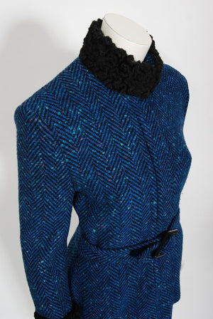 1973 Biba of London Blue Chevron Wool & Faux-Fur Belted Jacket w/ Skirt