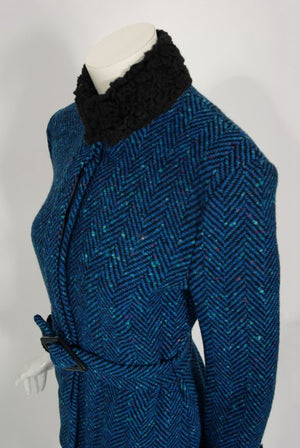 1973 Biba of London Blue Chevron Wool & Faux-Fur Belted Jacket w/ Skirt