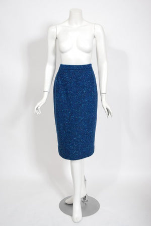 1973 Biba of London Blue Chevron Wool & Faux-Fur Belted Jacket w/ Skirt