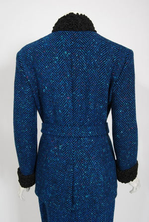 1973 Biba of London Blue Chevron Wool & Faux-Fur Belted Jacket w/ Skirt