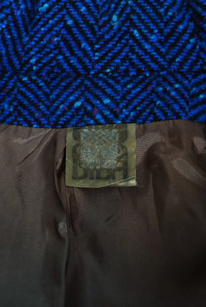 1973 Biba of London Blue Chevron Wool & Faux-Fur Belted Jacket w/ Skirt