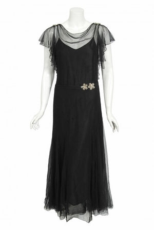 1930s French Couture Beaded Rhinestone Black Silk Chiffon Bias-Cut Dress