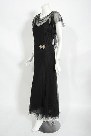1930s French Couture Beaded Rhinestone Black Silk Chiffon Bias-Cut Dress