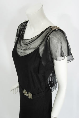 1930s French Couture Beaded Rhinestone Black Silk Chiffon Bias-Cut Dress