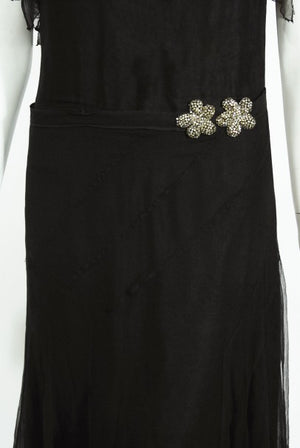 1930s French Couture Beaded Rhinestone Black Silk Chiffon Bias-Cut Dress