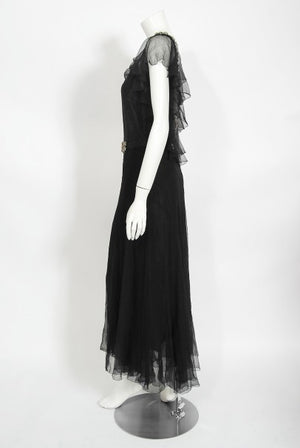 1930s French Couture Beaded Rhinestone Black Silk Chiffon Bias-Cut Dress