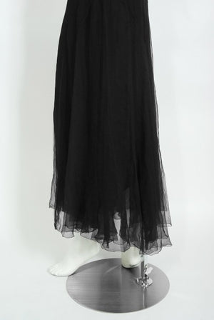 1930s French Couture Beaded Rhinestone Black Silk Chiffon Bias-Cut Dress