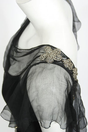 1930s French Couture Beaded Rhinestone Black Silk Chiffon Bias-Cut Dress