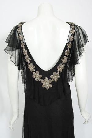 1930s French Couture Beaded Rhinestone Black Silk Chiffon Bias-Cut Dress