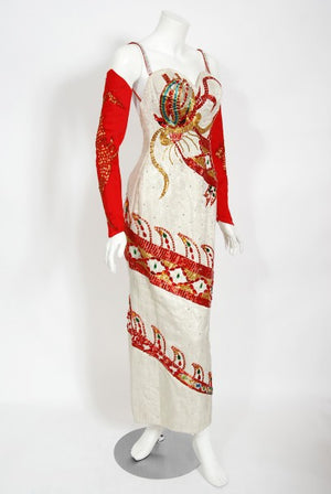 1950's Documented Beaded Dragon Motif Hourglass Burlesque Gown Gloves Cape Ensemble