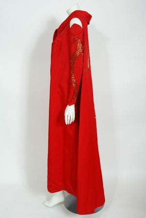 1950's Documented Beaded Dragon Motif Hourglass Burlesque Gown Gloves Cape Ensemble