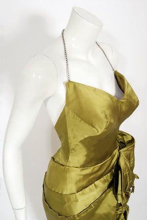 1940s Chartreuse Silk Halter Asymmetric Ruched Hourglass High-Slit Dress