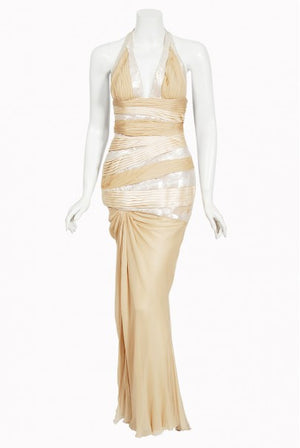 2006 Versace Champagne Sequin Silk Hourglass Runway Finale Gown