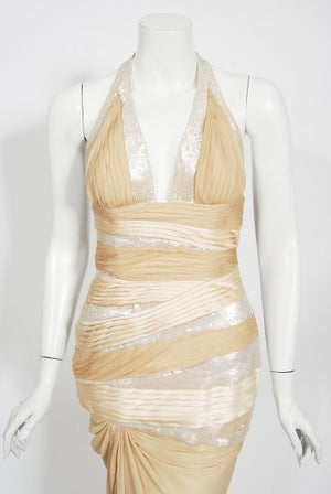 2006 Versace Champagne Sequin Silk Hourglass Runway Finale Gown