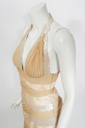 2006 Versace Champagne Sequin Silk Hourglass Runway Finale Gown