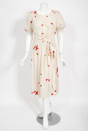 1978 Yves Saint Laurent Haute Couture Ivory Red Print Silk Dress & Shawl
