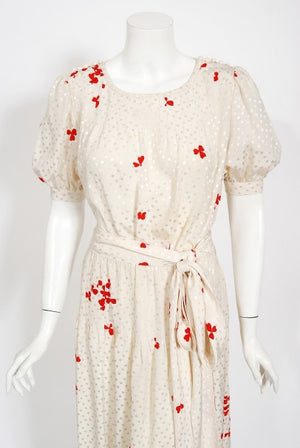 1978 Yves Saint Laurent Haute Couture Ivory Red Print Silk Dress & Shawl