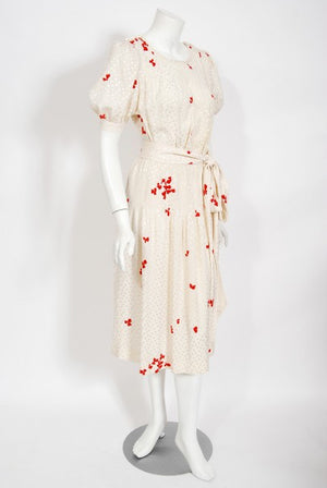1978 Yves Saint Laurent Haute Couture Ivory Red Print Silk Dress & Shawl