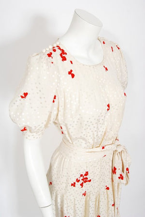 1978 Yves Saint Laurent Haute Couture Ivory Red Print Silk Dress & Shawl