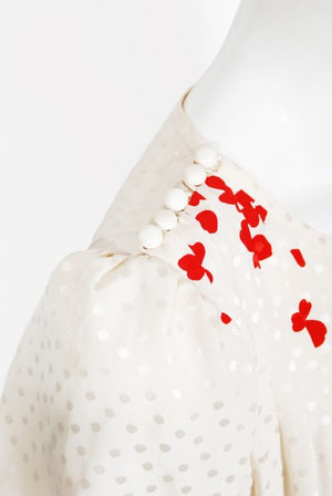 1978 Yves Saint Laurent Haute Couture Ivory Red Print Silk Dress & Shawl