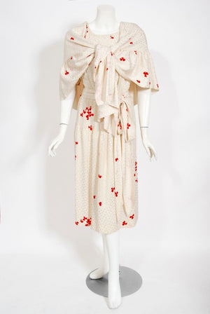 1978 Yves Saint Laurent Haute Couture Ivory Red Print Silk Dress & Shawl